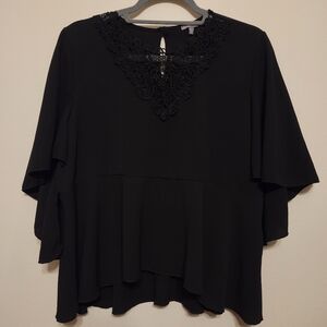 Black Crochet Lace Flutter Sleeve Peplum Blouse